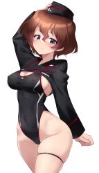Rule 34 | 1girl, akaboshi koume, black one-piece swimsuit, blue eyes, blush, breasts, brown hair, cleavage, closed mouth, covered navel, girls und panzer, hat, highleg, highleg one-piece swimsuit, highres, kuromorimine military uniform, kuzuryuu kennosuke, large breasts, looking at viewer, military hat, military uniform, one-piece swimsuit, short hair, simple background, smile, solo, swimsuit, thigh strap, white background