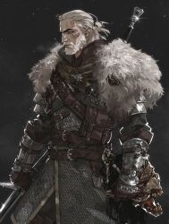 Rule 34 | 1boy, armor, beard, brown gloves, facial hair, facial tattoo, geralt of rivia, gloves, highres, holding, holding sword, holding weapon, pontyk blya, scar, scar across eye, scar on face, severed head, solo, sword, sword on back, tattoo, the witcher (series), the witcher 3, weapon, weapon on back, white hair, witcher medallion