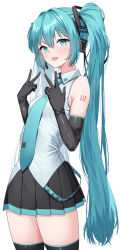 1girl aqua_eyes aqua_hair aqua_necktie aqua_trim black_gloves black_skirt collared_shirt cowboy_shot double_w elbow_gloves floating_headgear gloves grey_background grey_shirt hatsune_miku headgear headphones highres long_hair miniskirt nagase_haruhito necktie number_tattoo open_mouth pleated_skirt shirt shoulder_tattoo simple_background skirt sleeveless sleeveless_shirt solo tattoo thighhighs twintails very_long_hair vocaloid w zettai_ryouiki