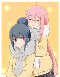 2girls ahoge blue_hair blush commentary_request grey_scarf hair_bun kagamihara_nadeshiko long_hair multiple_girls nuts_tuna orange_background pink_hair purple_eyes scarf shima_rin sidelocks simple_background single_hair_bun smile sweater very_long_hair white_scarf yellow_sweater yurucamp