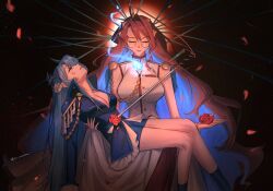 2022 2girls absurdres ahoge asymmetrical_horns bespectacled blue_fire blue_hair breasts cleavage closed_eyes colored_inner_hair cosplay demon_horns elisbian elizabeth_rose_bloodflame epaulettes fire fire_on_chest flower glasses highres hololive hololive_english horns huge_ahoge large_breasts long_hair multicolored_hair multiple_girls nerissa_ravencroft ootori_gakuen_school_uniform rapier red_hair rose school_uniform shoujo_kakumei_utena sword sword_of_dios tenjou_utena tenjou_utena_(cosplay) two-tone_hair uneven_horns very_long_hair virtual_youtuber weapon