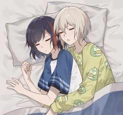 Rule 34 | 2girls, aoba moca, bang dream!, black hair, blue shirt, closed eyes, closed mouth, commentary request, from above, green shirt, grey hair, hug, hug from behind, kagisase, lying, medium hair, mitake ran, multicolored hair, multiple girls, on bed, on side, open mouth, pajamas, pillow, print shirt, red hair, shirt, sleeping, streaked hair, t-shirt, two-tone shirt, white shirt, yuri