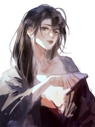 Rule 34 | 1boy, alternate hairstyle, artist request, bandaged hand, bandages, black eyes, black hair, black hanfu, brown hair, chinese clothes, collarbone, commission, eyelashes, faux traditional media, hair between eyes, hair down, hand up, hanfu, highres, long hair, long sleeves, looking at viewer, low-tied long hair, male focus, modao zushi, parted lips, robe, second-party source, simple background, sketch, smile, solo, unfinished, upper body, watercolor effect, wei wuxian, white background, wide sleeves
