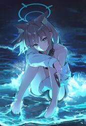1girl absurdres alternate_costume animal_ear_fluff animal_ears aqua_eyes bare_shoulders barefoot black_shorts blue_archive blue_halo bright_pupils closed_mouth commentary_request extra_ears grey_hair halak0000 halo head_tilt headphones headphones_around_neck highres hugging_own_legs knees_up long_sleeves looking_at_viewer mismatched_pupils night ocean off_shoulder outdoors shiroko_(blue_archive) shirt short_hair shorts sitting sitting_on_water smile solo toes white_pupils white_shirt wolf_ears wolf_girl