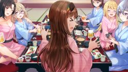 &gt;_&lt; 6+girls ;d ^_^ alcohol bare_shoulders bath_yukata beer beer_mug black_hair black_sash blonde_hair blue_eyes blue_kimono blush bowl breasts brown_hair chopsticks cleavage closed_eyes closed_mouth cup curtained_hair daigo_honoka drunk expressionless food game_cg holding holding_cup indian_style indoors japanese_clothes juice kimono long_sleeves marie_mahler medium_breasts mug mugendo_saki multiple_girls non-web_source nose_blush off_shoulder official_art one_eye_closed open_mouth orange_juice otori_ai pink_kimono profile purple_eyes red_eyes rice rice_bowl sash seiza shrimp sideways_mouth sitting smile sweatdrop table tachibana_nana yanagiya_kokoro yukata yumeutsutsu_re:master