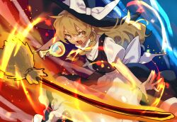 1girl absurdres apron black_hat black_skirt black_vest blonde_hair bow braid broom commentary flask hair_bow hat hat_bow highres holding holding_flask kirisame_marisa magic open_mouth red_bow short_sleeves side_braid single_braid skirt smile solo touhou tuck_(tuck23978434) vest waist_apron white_apron white_bow witch_hat yellow_eyes
