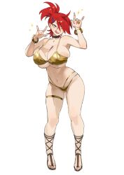 1girl ;p \m/ absurdres bikini black_choker breasts cartoon_network choker cleavage collarbone cowboy_shot ear_piercing earrings foster&#039;s_home_for_imaginary_friends frankie_foster gold_bikini hair_ornament hairclip highres huge_breasts jewelry large_breasts long_hair looking_at_viewer navel nia_(nia4294) one_eye_closed piercing ponytail red_hair simple_background smile solo stomach swimsuit tongue tongue_out white_background