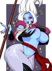 1girl blue_skin bridal_gauntlets colored_skin cowboy_shot demon_girl dr._arinsu dragon_ball dragon_ball_daima dragon_ball_heroes earrings fingernails fusion hand_on_own_chest highres jewelry kiwiartsu laughing long_fingernails long_hair looking_at_viewer metamoran_vest pants pink_eyes pointy_hair sash shiny_clothes shiny_skin staff thick_thighs thighhighs thighs towa_(dragon_ball) white_hair