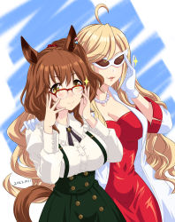 Rule 34 | 2girls, ahoge, animal ears, anshinzawa sasami, aston machan (umamusume), black ribbon, black skirt, blonde hair, breasts, brooch, brown hair, buttons, casual, cleavage, coat, commentary, cowboy shot, dated, domino mask, dress, ear piercing, frilled shirt collar, frills, glint, gloves, hair between eyes, high-waist skirt, highres, horse ears, horse girl, inoue honoka, inoue kikuko, jewelry, large breasts, long hair, long sleeves, looking at viewer, mask, medium hair, multiple girls, neck ribbon, necklace, official alternate costume, pearl necklace, piercing, red-framed eyewear, red dress, ribbon, shiny clothes, side ponytail, sidelocks, skirt, suspender skirt, suspenders, umajiri gyuunyuu, umamusume, voice actor connection, wavy hair, white coat, white gloves, white mask, yellow eyes