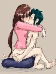 1boy 1girl after_war_gundam_x all_i_need_(g) aqua_hair ass barefoot blush bottomless brown_hair closed_eyes clothed_sex couple feet french_kiss from_side full_body garrod_ran girl_on_top grabbing_another&#039;s_ass groping gundam happy happy_sex hetero kiss long_hair oekaki ponytail sex simple_background sitting sketch soles straddling tiffa_adill toes topless_male upright_straddle vaginal very_long_hair