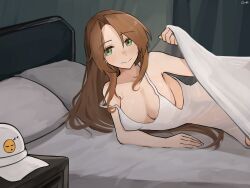 1girl absurdres artist_name bed bed_invitation blanket blush breasts brown_hair commentary commission english_commentary gamryous girls&#039;_frontline green_eyes highres jewelry lee-enfield_(girls&#039;_frontline) light_smile long_hair looking_at_viewer lying nightgown on_bed on_side ring see-through_clothes signature solo under_covers wedding_ring white_nightgown