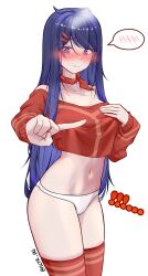 Rule 34 | 1girl, @ @, absurdres, blue eyes, blue hair, blush, breasts, closed mouth, covering breasts, covering privates, crop top, crop top overhang, cropped shirt, diguo keran wu, embarrassed, feet out of frame, fingernails, hair ornament, hairclip, highres, kind mita (miside), long hair, looking at viewer, medium breasts, meme, miside, mita (miside), mixed-language commentary, navel, no pants, nose blush, one finger selfie challenge (meme), panties, red shirt, red thighhighs, shirt, simple background, solo, spoken blush, standing, thighhighs, thighs, underwear, white background, white hair, white panties