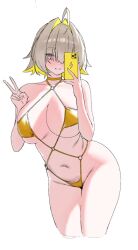 1girl :3 ahoge bikini blonde_hair blush breasts cellphone choker cleavage elegg_(nikke) eyes_visible_through_hair fang goddess_of_victory:_nikke hair_intakes hair_over_eyes holding holding_phone large_breasts navel nikku_nana o-ring o-ring_bikini one_eye_covered phone pink_eyes selfie short_hair smartphone smile solo standing swimsuit v white_background wide_hips yellow_bikini yellow_choker