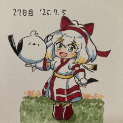 1girl bird breasts character_request cosplay dated fingerless_gloves gloves green_eyes hair_ribbon highres legs long_hair nakoruru open_mouth pants ribbon samurai_spirits short_hair small_breasts snk the_king_of_fighters thighs tongue traditional_media white_hair