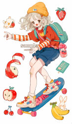 1girl apple apple_peel apple_slice aqua_bag artist_name backpack bag banana bandaid bandaid_on_leg beanie blonde_hair blue_shorts blush_stickers bottle bow brown_eyes cherry clipboard commentary commission cross-laced_shoes denim denim_shorts english_commentary eyelashes eyeshadow fashion food food_print footwear_bow fruit fruit_print full_body hair_ornament hairclip hat layered_shirt layered_sleeves long_sleeves looking_at_viewer makeup medium_hair nail_polish original outstretched_arms pocket putong_xiao_gou rabbit red_bow red_eyeshadow red_nails red_shirt red_sleeves sample_watermark shirt shoes short_over_long_sleeves short_sleeves shorts skateboard smile sneakers solo strawberry strawberry_print strawberry_slice striped_clothes striped_shirt striped_sleeves t-shirt turtleneck two-tone_shirt two-tone_sleeves two_side_up water_bottle watermark weibo_watermark white_background white_shirt white_shoes white_sleeves yellow_hat