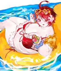 1girl ahoge bikini blue_scrunchie breasts cup fat fat_woman floating flower flower_on_head food frilled_bikini frills front-tie_bikini_top front-tie_top heart heart-shaped_eyewear highres holding holding_food holding_ice_cream holding_spoon ice_cream ice_cream_cup innertube large_breasts navel nomyon83 open_mouth original outdoors plump red_bikini red_eyes red_hair scrunchie short_hair side-tie_bikini_bottom smile solo spoon sunglasses_on_head swim_ring swimsuit towel water white_background wrist_scrunchie yellow-framed_eyewear