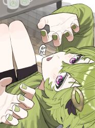 black_shorts blush collei_(genshin_impact) cup gao green_hair green_nails green_sweater hair_ornament hairclip hand_focus highres nail_polish non-web_source original purple_eyes reaching sharp_teeth shorts solo sweater teeth tighnari_(genshin_impact) wooden_floor