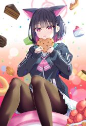 1girl animal_ears black_hair black_jacket black_pantyhose blue_archive blush cake cake_slice cat_ears cat_girl colored_inner_hair cookie donut extra_ears food gradient_background green_sailor_collar hair_ornament hairclip halo hands_up heart heart-shaped_cookie heart-shaped_food highres holding holding_cookie holding_food jacket kazusa_(blue_archive) looking_at_viewer miniskirt multicolored_hair natie neckerchief pantyhose parted_lips pink_eyes pink_hair pink_halo pink_neckerchief pleated_skirt pudding red_background sailor_collar short_hair skirt solo waffle white_background white_skirt
