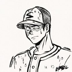 1boy adam&#039;s_apple baseball_cap buttons closed_mouth commentary commentary_request csmbtc dorohedoro english_commentary fujita_(dorohedoro) greyscale hat highres inktober looking_at_viewer male_focus monochrome shaded_face sideburns simple_background solo sweatdrop upper_body