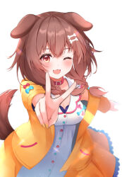 1girl ;d absurdres animal_collar animal_ears belt_collar blurry blurry_background blurry_foreground blush bone_hair_ornament braid breasts brown_eyes brown_hair buttons collar depth_of_field dog_ears dog_girl dog_tail dress foreshortening hair_ornament hairclip highres hololive inugami_korone inugami_korone_(1st_costume) jacket long_hair looking_at_viewer low_twin_braids low_twintails medium_breasts nail_polish off_shoulder one_eye_closed open_clothes open_jacket open_mouth overexposure reaching reaching_towards_viewer red_collar sleeveless sleeveless_dress smile solo tail takumin_dx twin_braids twintails upper_body v virtual_youtuber white_dress wristband yellow_jacket yellow_nails