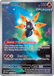 Rule 34 | artist name, card (medium), character name, cloud, company name, copyright name, copyright notice, detached wings, english text, floating, full body, iron moth, nakamura takeshi, night, night sky, nintendo, no humans, non-humanoid robot, official art, outdoors, pokemon, pokemon (creature), pokemon card, pokemon focus, pokemon tcg, robot, robot animal, sky, solo, star (sky), starry sky, third-party source, trading card, wings