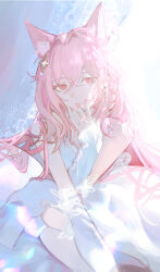 1girl absurdres animal_ears arknights dress flve highres nail_polish pink_hair pozyomka_(arknights) red_eyes solo white_dress