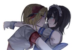 2girls aoi_erika black_hair blonde_hair breasts face-to-face flower green_eyes grin hair_flower hair_ornament hands_on_another&#039;s_shoulder heaven_burns_red highres maid medium_hair minase_ichigo molingxiang_chimangguo multiple_girls rose shirt short_hair smile vest yuri