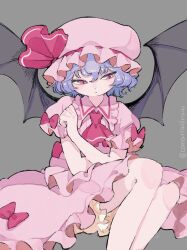 1girl ascot bat_wings blue_hair canariadraw collared_shirt frilled_shirt_collar frills grey_background hair_between_eyes hashtag-only_commentary hat hat_ribbon highres mob_cap pink_hat pink_shirt pink_skirt puffy_short_sleeves puffy_sleeves red_ascot red_eyes red_ribbon remilia_scarlet ribbon shirt short_hair short_sleeves simple_background sitting skirt skirt_set solo touhou twitter_username wings