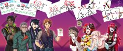 4boys 4girls absurdres airani_iofifteen animal_ears aragami_oga arurandeisu beret black_hair blouse bow bowtie braid braided_bangs brown_eyes brown_hair buttons child&#039;s_drawing detached_sleeves double-breasted drawing dress exposed_muscle feathers fingerless_gloves floral_print friend_(nanashi_mumei) gartic_phone gloves green_eyes green_jacket grey_eyes grey_hair grey_shirt hair_ornament hairpin hakos_baelz hakos_baelz_(new_year) hat highres hololive hololive_english hololive_indonesia holostars horns jackal_ears jacket japanese_clothes kageyama_shien kimono kureiji_ollie laughing mask mask_on_head mouse_ears multicolored_hair multicolored_kimono multiple_boys multiple_girls nanashi_mumei nanashi_mumei_(new_year) necktie nightingery official_alternate_costume orange_hair peacoat pink_hair print_kimono purple_eyes red_hair red_shawl ribbon sharp_teeth shawl shirt short_hair single_horn smile smug streaked_hair teeth top_hat vest virtual_youtuber white_gloves white_kimono yellow_kimono yukata yukoku_roberu