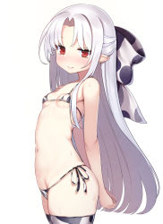 1girl animal_print arms_behind_back ass bikini blue_hair blush bow breasts cow_print empty_eyes from_side grey_background groin hair_bow highres len_(tsukihime) loli long_hair lowleg lowleg_bikini melty_blood micro_bikini multiple_girls navel own_hands_together pointy_ears print_bikini print_thighhighs red_eyes ribbon side-tie_bikini_bottom silver_hair simple_background small_breasts solo sweat swimsuit thighhighs tsukihime white_len_(tsukihime) yako