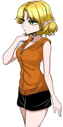 1girl alternate_costume black_shorts blonde_hair breasts brown_hoodie cleavage closed_mouth cowboy_shot expressionless green_eyes highres hood hood_down hoodie looking_afar medium_breasts mizuhashi_parsee parted_bangs pointy_ears short_hair shorts simple_background sleeveless sleeveless_hoodie solo touhou white_background yokozuna_iwashi zipper