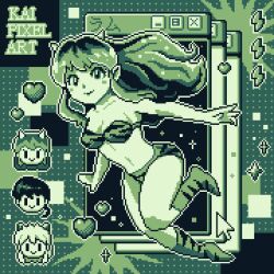 Rule 34 | absurdres, animal print, blush, cursor, floating, heart, highres, horns, inuyasha, inuyasha (character), kaipixelart, long hair, looking at viewer, lum, pixel art, ranma 1/2, retro artstyle, saotome ranma, signature, sparkle, tiger print, urusei yatsura, window (computing)