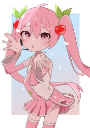 1girl absurdres cherry cherry_hair_ornament detached_sleeves food food-themed_hair_ornament fruit hair_ornament hands_up hatsune_miku headset highres long_hair looking_at_viewer miniskirt necktie norimi_(01norimi28) pink_eyes pink_hair pink_necktie pink_skirt pleated_skirt sakura_miku shirt skirt sleeveless sleeveless_shirt solo thighhighs twintails very_long_hair vocaloid zettai_ryouiki