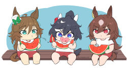Rule 34 | 3girls, ahoge, animal ears, artist name, bench, blue background, blue eyes, brown hair, chibi, commentary request, ear covers, eating, food, fruit, hair between eyes, hair ornament, hairclip, hat, holding, horse ears, horse girl, horse tail, katsuragi ace (umamusume), mini hat, mini top hat, mr. c.b. (umamusume), mukakin, multicolored hair, multiple girls, open mouth, ponytail, red eyes, red shorts, shirt, shorts, simple background, sirius symboli (umamusume), sitting, spitting, spitting seed, spoon, streaked hair, tail, tassel, tassel hair ornament, top hat, two-tone background, umamusume, v-shaped eyebrows, watermelon, watermelon slice, white background, white hair, white hat, white shirt, wooden bench