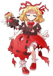 Rule 34 | 2girls, alphes (style), back bow, black shirt, black skirt, blonde hair, bloomers, blue eyes, bow, bowtie, closed mouth, collared shirt, commentary request, contrast collar, dairi, defeat, fairy wings, frilled shirt collar, frilled socks, frills, full body, hair ribbon, half-closed eyes, large variant set, long skirt, medicine melancholy, medium hair, multiple girls, parody, puffy short sleeves, puffy sleeves, red bow, red bowtie, red ribbon, red shirt, red shoes, red skirt, ribbon, ribbon-trimmed skirt, ribbon trim, shirt, shoes, short sleeves, skirt, socks, style parody, su-san, sweatdrop, tachi-e, torn clothes, touhou, transparent background, underwear, variant set, white bloomers, white bow, white socks, wings