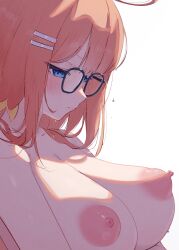 1girl black-framed_eyewear blue_archive blue_eyes blush breasts closed_mouth feather_hair from_side glasses highres large_breasts long_hair looking_down nipples no_bra nude orange_hair perky_breasts shimiko_(blue_archive) simple_background solo sweat tansui_san_(tcjp4784) upper_body water_drop wet white_background