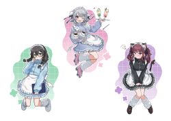 3girls :o ;d alternate_costume animal_ear_fluff animal_ears apron binchou_maguro black-framed_eyewear black_dress black_hair black_jacket blue_jacket blue_skirt blunt_bangs blush bow braid breasts brown_shoes bun_cover cat_ears cat_tail cevio clipboard closed_mouth coffee commentary_request cup dated double_bun dress enmaided fang frilled_apron frilled_dress frilled_skirt frills full_body glasses green_background grey_hair grid_background hair_bun hair_ornament hanakuma_chifuyu hand_up hands_up highres holding holding_clipboard holding_tray jacket jersey_maid kemonomimi_mode kneehighs knees_together_feet_apart koharu_rikka large_breasts long_hair long_sleeves looking_at_viewer maid maid_headdress medium_hair mug multiple_girls natsuki_karin one_eye_closed open_mouth outline pink_shoes purple_background purple_eyes red_bow red_hair roller_skates saucer shoes short_hair signature skates skin_fang skirt smile socks spoon sweatdrop synthesizer_v tail tail_bow tail_ornament track_jacket tray twin_braids twintails unconventional_maid v-shaped_eyebrows white_apron white_background white_outline white_shoes white_socks x_hair_ornament zipper