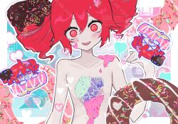 1girl @_@ blue_background chibi closed_eyes cream cream_on_face cream_on_hair doo_natten_yo?_(synthesizer_v) double-parted_bangs donut drill_hair food food_on_face hair_between_eyes hand_up heart hole_in_chest hole_on_body kasane_teto kasane_teto_(sv) looking_at_viewer multicolored_background nausea pink_background red_hair synthesizer_v takamiya_yuu teeth twin_drills upper_body upper_teeth_only utau