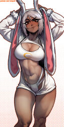 1girl abs alternate_costume animal_ears animal_hood arms_up bare_legs boku_no_hero_academia breasts cleavage closed_mouth collarbone commentary contrapposto crescent_print dark-skinned_female dark_skin dotted_background english_commentary fur-trimmed_sleeves fur_trim hair_between_eyes highres hood large_breasts long_eyelashes looking_at_viewer mirko multi-strapped_panties navel panties parted_bangs rabbit_ears rabbit_girl rabbit_hood raised_eyebrow red_eyes short_hair sideboob smile solo stomach stopu tan tanline thick_thighs thighs toned toned_female underwear very_long_ears white_hair white_panties