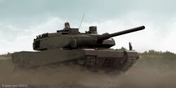 1girl artist_name cloud copyright_notice dated day dead-robot dust helm helmet military military_vehicle motor_vehicle original outdoors scenery sky soldier solo tank vehicle_focus