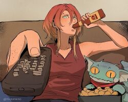 1girl animal arm_up bare_arms bare_shoulders blue_eyes bottle bowl brown_hair brown_shoes chips_(food) collarbone collared_shirt commentary controller couch courier_(fallout:_new_vegas) english_commentary fallout fallout:_new_vegas food gecko hair_between_eyes holding holding_bottle holding_remote_control man_watching_tv_(meme) milramemo noelle_(milramemo) on_couch potato_chips remote_control shirt shoes sleeveless sleeveless_shirt slit_pupils solo sunset_sarsaparilla twitter_username yellow_eyes