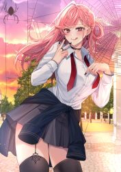 1girl black_choker black_skirt black_thighhighs blush breasts bug chocho_(homelessfox) choker closed_mouth cloud cloudy_sky elizabeth_(genius_summoner_at_necromancy_academy) eyelashes genius_summoner_at_necromancy_academy hands_up large_breasts long_hair long_sleeves looking_at_viewer nail_polish necktie pine_tree pink_eyes pink_hair red_necktie school_uniform shirt silk skirt sky spider spider_web sunset thighhighs tongue tongue_out tree undone_necktie very_long_hair white_shirt