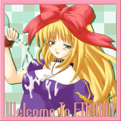 1girl 2000s_(style) alto_seneka bad_id blonde_hair blue_background blush border bow breasts checkered_background commentary_request cross cross_necklace dress green_eyes hair_bow half-closed_eyes jewelry long_hair looking_at_viewer medium_breasts milk necklace open_mouth pink_border pouring pouring_onto_self priest_(ragnarok_online) puffy_short_sleeves puffy_sleeves purple_dress ragnarok_online red_bow rusty_soul sexually_suggestive short_sleeves smile solo upper_body