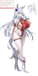 2girls absurdres animal_ears arm_up bare_shoulders boots bow breasts chinese_commentary closed_mouth commentary_request ear_bow english_text full_body gloves gold_ship_(umamusume) grey_hair grey_tail groin hand_in_own_hair high_heel_boots high_heels highleg highleg_leotard highres horse_ears horse_girl horse_tail huge_breasts inset knee_boots leotard long_hair looking_at_viewer mejiro_mcqueen_(umamusume) mixed-language_commentary multiple_girls o-ring one_eye_closed pantyhose pink_eyes purple_bow purple_eyes red_leotard request_inset simple_background sizhe sketch standing tail thigh_strap translation_request umamusume white_background white_boots white_gloves white_pantyhose