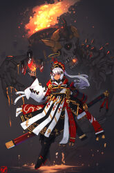 1girl absurdres armor black_gloves boots burning dark-skinned_female dark_skin demon fantasy fingerless_gloves fire floating full_body gloves grey_hair hair_ornament halo highres holding horns katana long_hair long_sleeves monster ofuda original ponytail red_eyes scabbard sheath sheathed shoulder_armor skull smile solo sword syaha talisman weapon white_hair wide_sleeves
