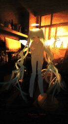 Rule 34 | 1girl, absurdres, angel, bottle, cerevevisiae, commentary, computer, electric fan, feathered wings, floating shelter (vocaloid), full body, halo, hatsune miku, highres, indoors, jacket, leaning forward, long hair, looking at viewer, open mouth, orange background, pants, photo background, smile, solo, track suit, traditional halo, very long hair, vocaloid, white hair, white halo, white jacket, white pants, white wings, wings