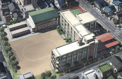 architecture bad_id bad_pixiv_id car cityscape gym house minivan motor_vehicle no_humans original outdoors power_lines road scenery school school_gym school_yard street sumashi tennis_court tree