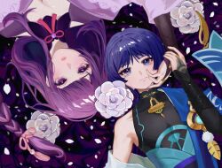 1boy 1girl abstract_background armpits bare_shoulders blue_eyes blue_hair blunt_bangs braid breasts bridal_gauntlets cleavage closed_mouth commentary_request crying crying_with_eyes_open feathers flower from_above genshin_impact hair_between_eyes hair_ribbon hand_on_another&#039;s_cheek hand_on_another&#039;s_face hand_on_another&#039;s_hand highres japanese_clothes jewelry kimono long_braid long_hair long_sleeves looking_at_viewer lying mole mole_under_eye momi1030 mother_and_son multicolored_eyes multicolored_hair neck_ribbon off_shoulder on_back open_mouth out_of_frame pendant petals pink_ribbon purple_background purple_eyes purple_hair purple_kimono raiden_shogun red_ribbon ribbon scaramouche_(genshin_impact) shade short_hair single_braid sleeveless streaked_hair tearing_up tears upside-down wanderer_(genshin_impact) wide_sleeves