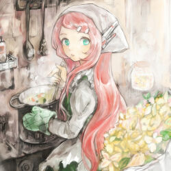 1girl apron bouquet commentary_request cooking cooking_pot dress flower food from_behind green_dress green_eyes hair_ornament hairclip headscarf holding holding_ladle indoors juliet_sleeves kedama_black kitchen ladle long_hair long_sleeves looking_at_viewer looking_back momone_momo oven_mitts pink_hair puffy_sleeves robot_ears solo soup soup_ladle steam stove swept_bangs tenugui utau utensil_rack wavy_hair white_apron white_headscarf white_sleeves