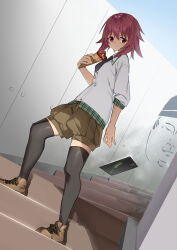 1girl absurdres arm_at_side black_necktie black_thighhighs blush brown_shoes casual cellphone chaos;child closed_mouth collared_shirt commentary crepe cross-laced_footwear dress_shirt dutch_angle food frown full_body hair_between_eyes hand_up highres holding holding_crepe holding_food long_sleeves looking_at_viewer medium_hair n_tarou necktie on_stairs onoe_serika phone pink_hair red_eyes sad shirt shoes short_necktie smartphone solo spiked_hair split_mouth stairs standing thighhighs white_shirt zettai_ryouiki
